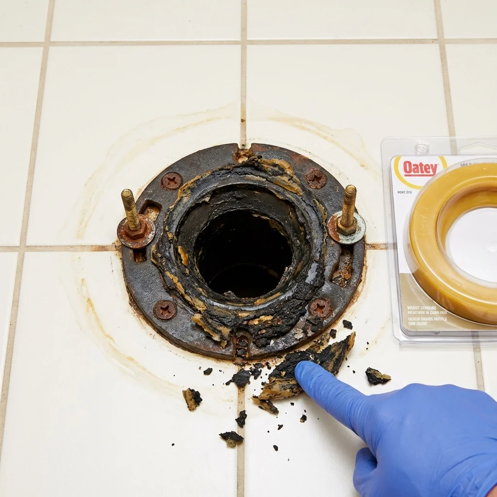 Failed wax ring showing water seepage at the base of a toilet in a Shelby, MT home